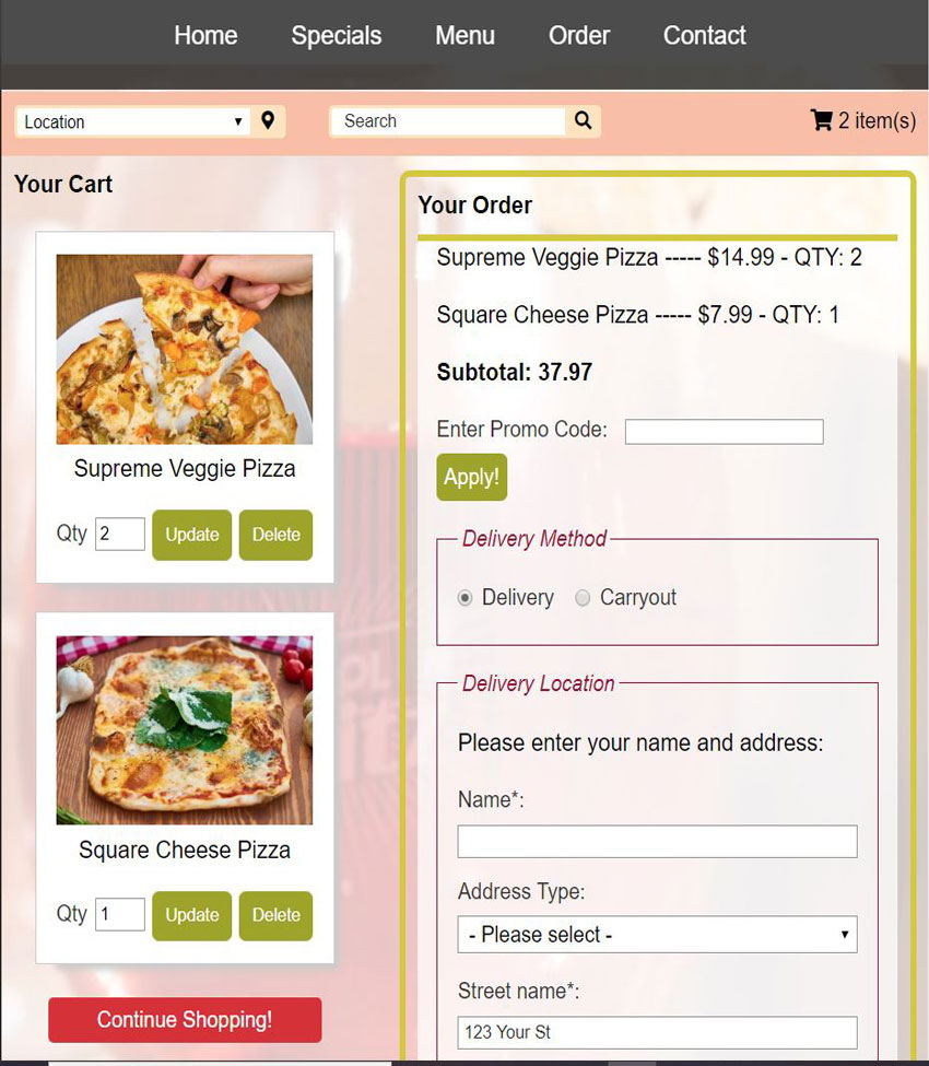 Sofia's pizza view cart page