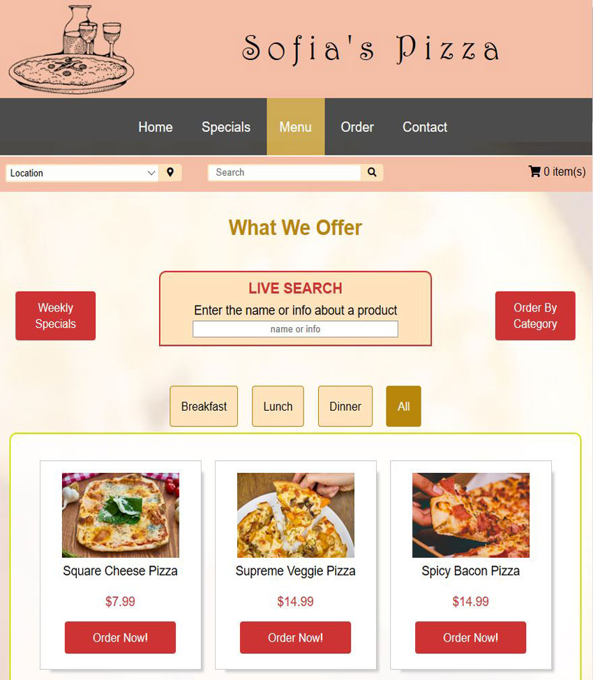 Sofia's pizza home page